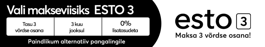 ESTO 3 makseviis on innovatiivne lahendus, mis võimaldab ostu kinnitada ja tasuda mugavalt ning kiirelt - kolmes võrdses osas, ilma lisatasudeta! ESTO 3 makseviis on innovatiivne lahendus, mis võimaldab ostu kinnitada ja tasuda mugavalt ning kiirelt - kolmes võrdses osas, ilma lisatasudeta!